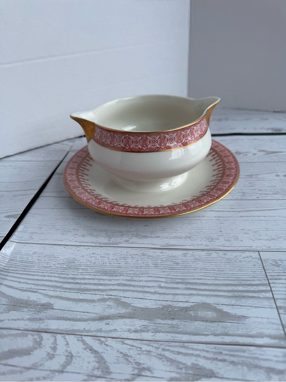 Haviland Pink and Gold Trim Gravy Boat with attached saucer